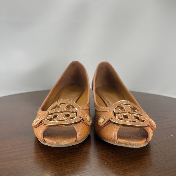 Tory Burch Shoes Women's 6.5M Brown Pebbled Leather Peep Toe Pump Wedge 11128602 - Picture 3 of 16